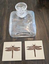 Square Decanter & 2 Dragonfly Coasters