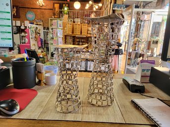 Set Of 2 Hollow Metal Geometric Candle Pedestals