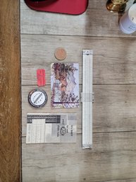 Slide Rule, Postcard And Assorted Items