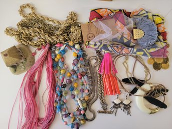 Lot Of Mixed Costume Jewelry - Brass Necklace, Indian Beads, Leather Key Chain