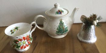 Christmas Tea Cup, Teapot And Bell