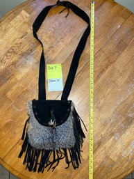 Black Leather And Fur Bag With Black Leather Fringe