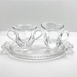 Vintage Glass Creamer, Sugar Bowl , And Matching Underplate, Glass Serving Set