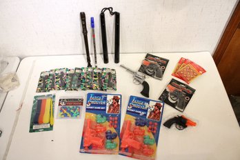 Vintage Kids Toy Lot, Recorders, Nunchucks, Cap Guns, Toy Pistole, Crossbow Strings, Darts