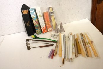 Long Candles Lot, 3 Vintage Candle Snuffers, Blown Glass Flower