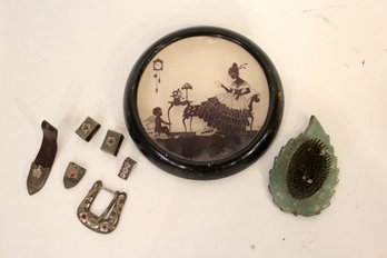 Reverse Painted Silhouette, Shoe Buckles, Flower Frog Holder