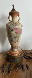 Antique Hand Painted Lamp & 5 Finials