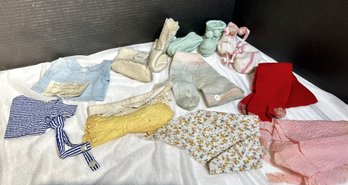 Collection Of Vintage And Antique Baby Shoes, Socks, And Fabric
