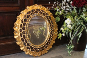 Vintage Oval Wall Mirror Carved Wood Flowers In Gold With An Interlayer Of Red And Black Floral
