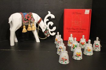 Vintage Christmas Ornaments, 1 Rudolph Reindeer,  10 Porcelain Bells