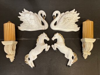 2 Sets Of Vintage Miller Studio Chalkware Wall Plaques, With Drapery Scones And Candles