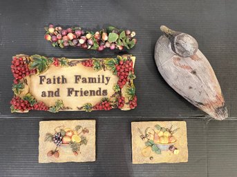 2 Vintage Wall Plaques, 1 Homely Sign, 1 Wooden Duck