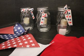 4th Of July Decor, 3 Candle Jars, Pier 1 Imports Napkins, Ribbons On A String.