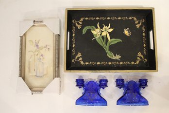 Blue And Gold Home Decor Lot, Vintage L.E. Smith Candle Sticks, Framed Fine Art Print, Hand Panted Tray