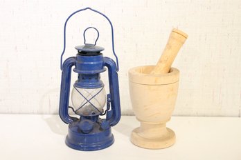 Rustic Style Decor, Kerosene Lantern, Wood Mortar And Pestle