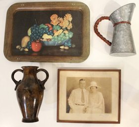 Farmhouse Home Decor, Metal Vase, Pitcher, Tray, Vintage Photo