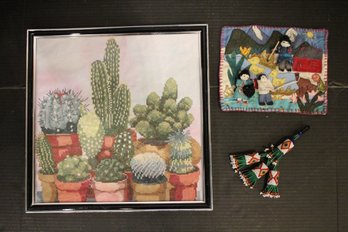 Peruvian Arpillera, Kuchi Hair Tassel, Framed Cactus Cross-stitch
