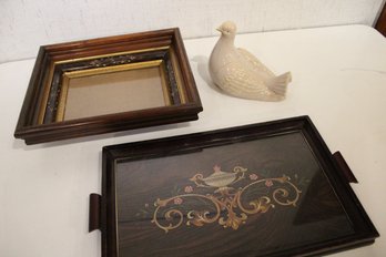 Classical Home Decor, Mahogany Tray, Eastlake Style Frame, Ceramic Dove