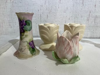 Vintage Shawnee Pottery Candle Holders, Floral Vase