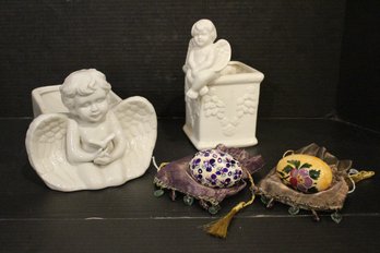 2 Ceramic Cherub Planters, 2 Hand Panted Ceramic Eggs
