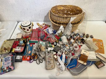 A Large Sewing Supplies Lot, Woven Basket, Button Jar, Thread