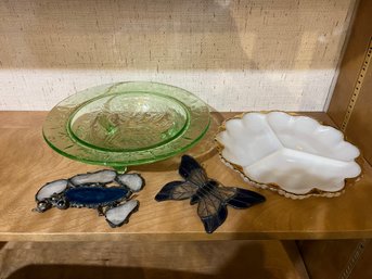 Uranium Glass Bowl, Milk Glass Tray, 2 Stained Glass Blue Pieces