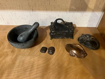Stone Mortar And Pestle Set, Art Nouveau Metal Floral Jewelry Casket