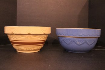 2 Vintage Yellowware And Blue Stoneware Mixing Bowls