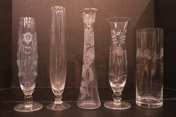 Set Of 5 Vintage Crystal, Glass Elegant Vases