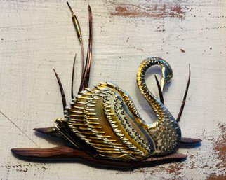 Vintage 1970s Brass Colored Metal And Wood Swan Wall Art
