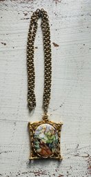 Vintage ART Arthur Pepper Porcelain Asian Couple Gold Tone Bamboo Necklace