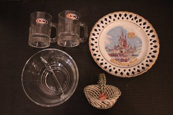 Vintage Disney Plate, A&W Mini Mugs, Cute Basket, And Glass Dish