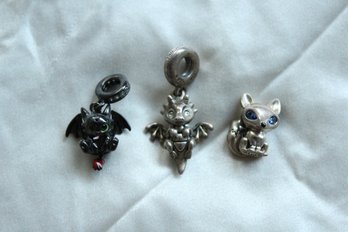 3 Animal Themed Pandora Charms, Toothless, Dragon, Fox 925 Sterling Silver