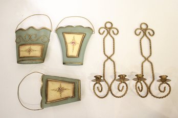 Green And Gold Tin Basket Decor Lot