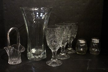 Duncan Millar Glass Basket, Hoosier Vase, 3 Princess House Fantasia Goblets, 2 Cheese Shakers