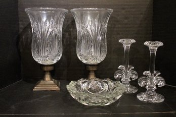 2 Lismore Hurricane Crystal Candle Holder, 2 Gus-Khrustalny Crystal Candle Sticks, Pasari Crystal