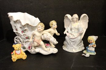 3 Porcelain Figures Cosmos Angel With Cats, Bronson Bear, Homco Figurine