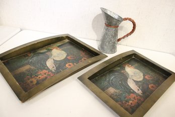 Farmhouse Style Metal Rooster Trays, Metal Pitcher