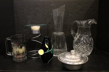 Modern Glass Pieces, With Vintage Crystal Pitcher, Vintage Aluminum Bowl