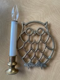 Vintage Brass Owl Trivet And Candle