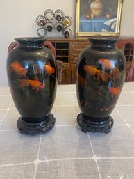 Set Of 2 Chinese Vases With Goldfish