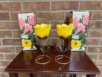 Avon Sunshine Rose Brass Candles  Holders, 2