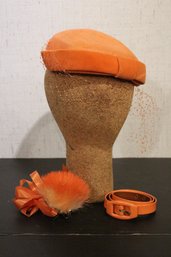 Vintage Sonni California Orange Pillbox Hat, Matching Pin, Belt