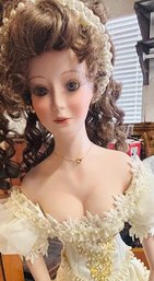 Vintage Porcelain Doll Featuring Victorian Style Attire With Lace, Perls And Curl Hair