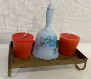 Bundle:  Brass Rectangle Plate, 2 Red Votive Candles, A Blue Ceramic Bell