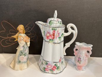 3 Items.  Chocolate Pot, Resin Angel, Small Vase