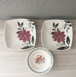 Portmeirion Botanic Garden Birds Cereal Bowl And Two Conventry PTS Belinda Square Soup Bowls
