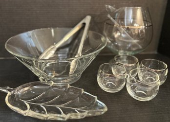 Clear Glass:  4 Roly Poly Glasses With Platinum Trim, Leaf Relish Dish, Salad Bowl With Tongs, And A Small Pit