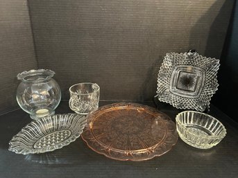 Pink Glass Plate And Beautiful Clear Glass Pieces