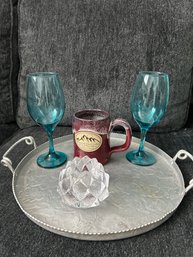 2 Blue Wine Glasses, Pottery Mug, Aluminum Tray And A Orrefor Votive Candle Holder